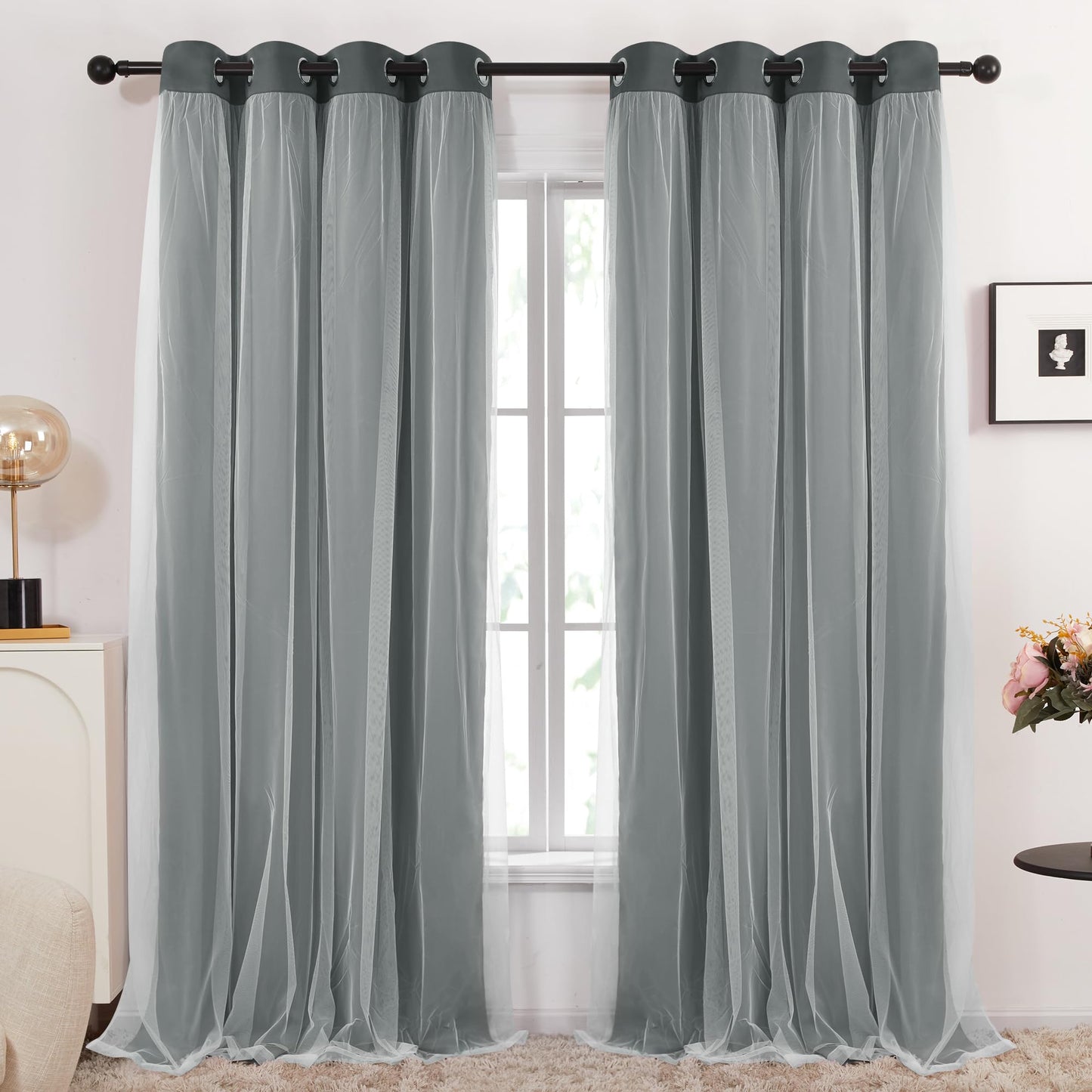 Double Layer Blackout & Sheer Curtains Dark Grey 96.0L x 52.0W inches