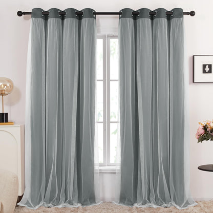 Double Layer Blackout & Sheer Curtains Dark Grey 96.0L x 52.0W inches