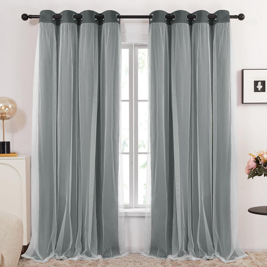 Double Layer Blackout & Sheer Curtains Dark Grey 96.0L x 52.0W inches