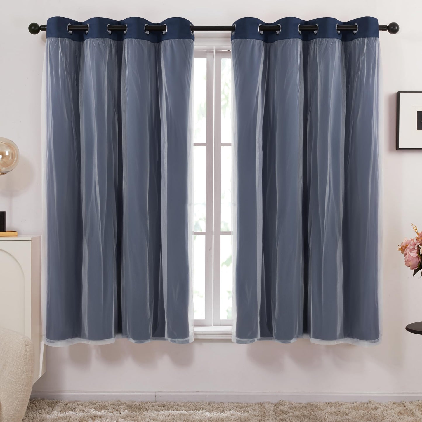 Double Layer Blackout & Sheer Curtains Navy Blue