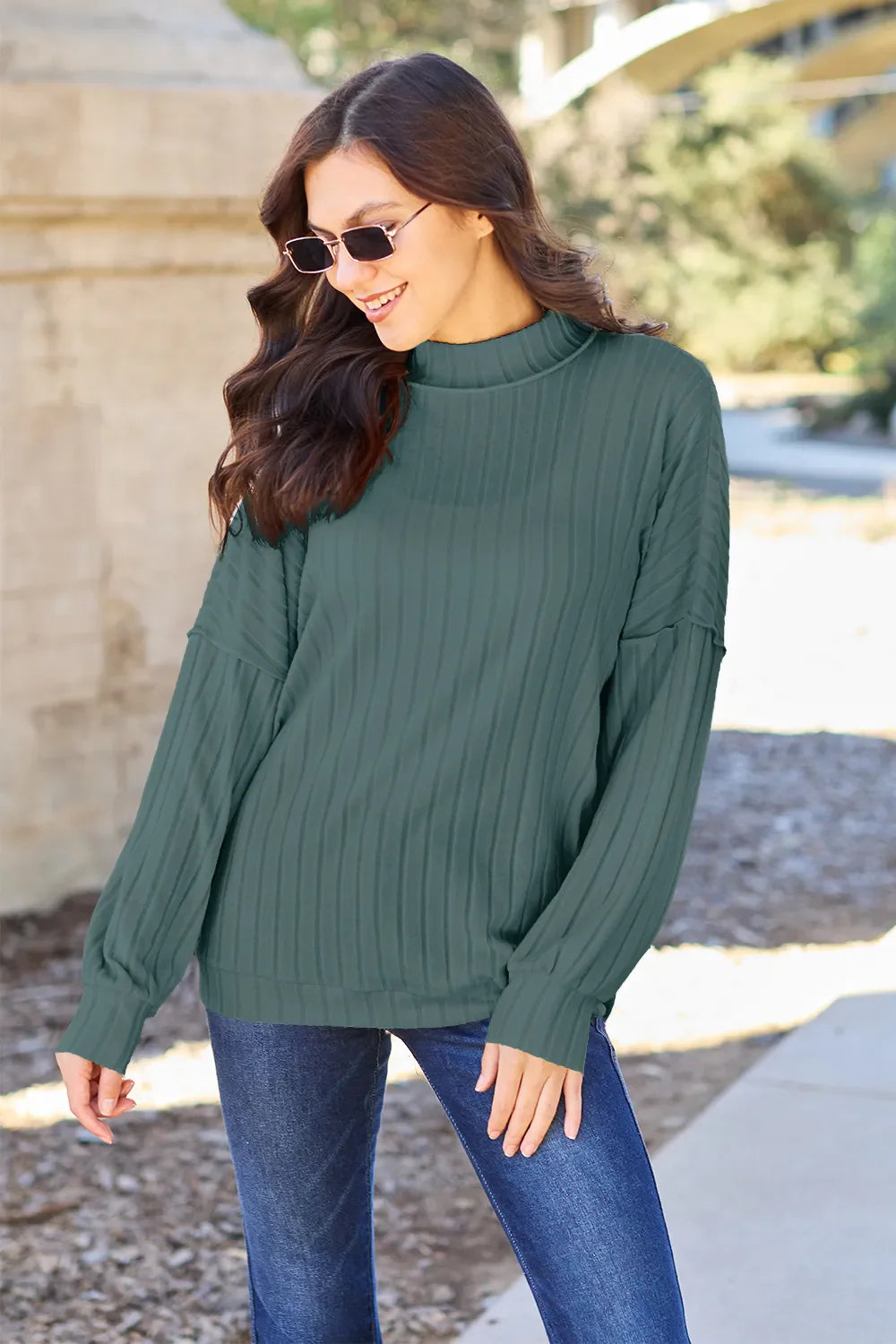 Basic Bae Full Size Ribbed Exposed Seam Mock Neck Knit Top Turquoise