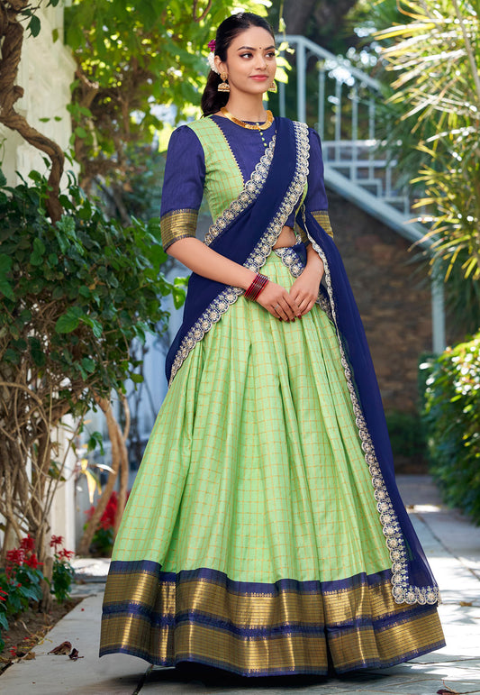 Pista Green Zari Weaving Half Saree Lehenga Pista Green