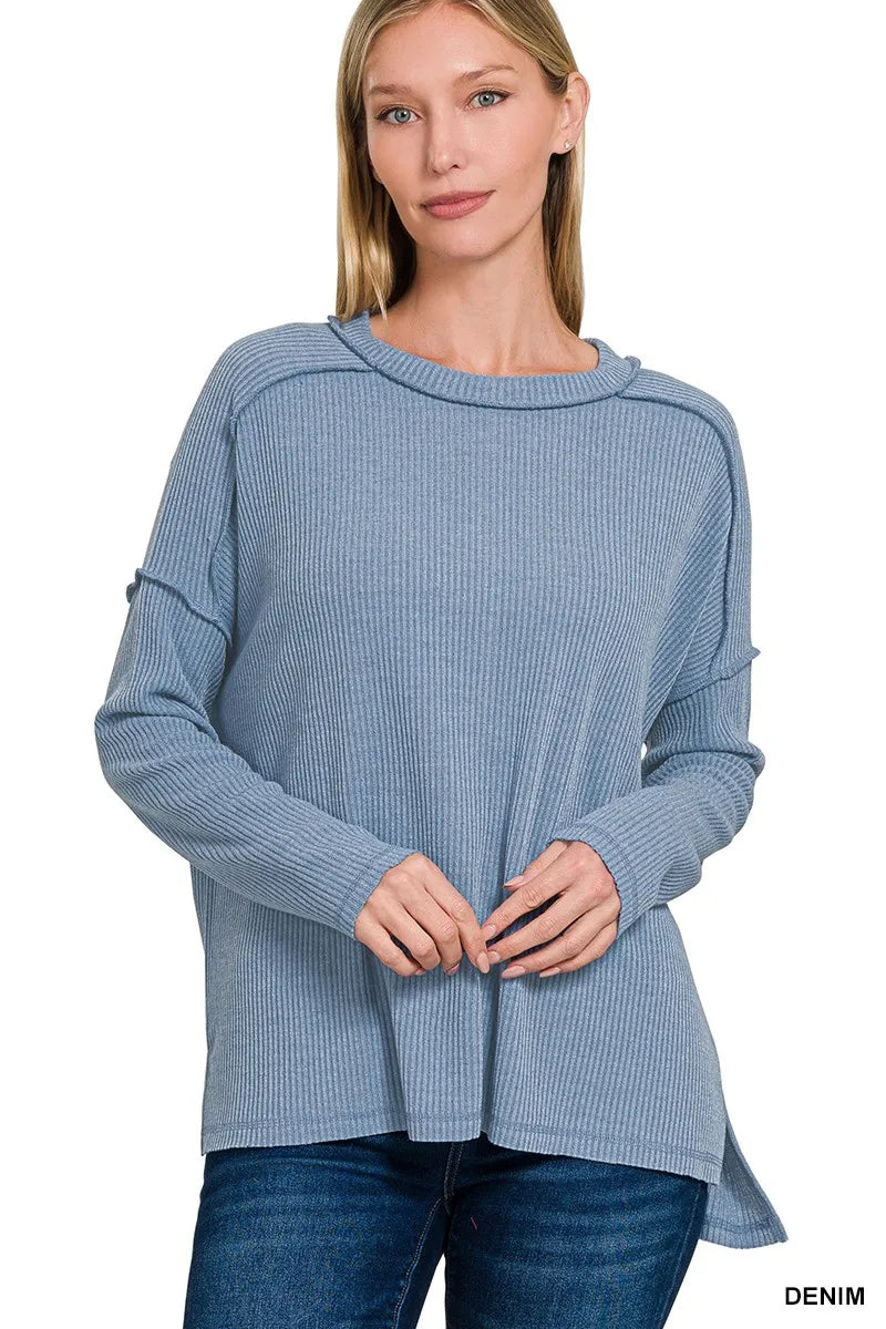 Zenana Ribbed Drop Shoulder Round Neck Sweater DENIM