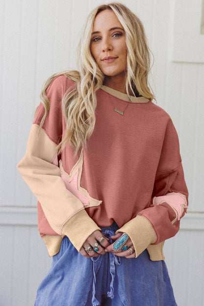 Rose Pink Star Patchwork Sweatshirt With Uneven Hem Design