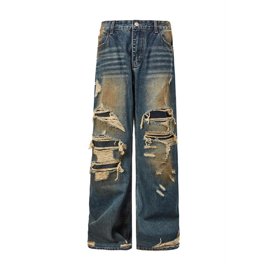 Washed Distressed Cat Whiskers Spray Dark Blue Denim Pants Unisex Blue