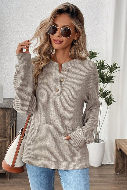 Clearly Aqua Ribbed Texture Drop Shoulder Henley Knit Top