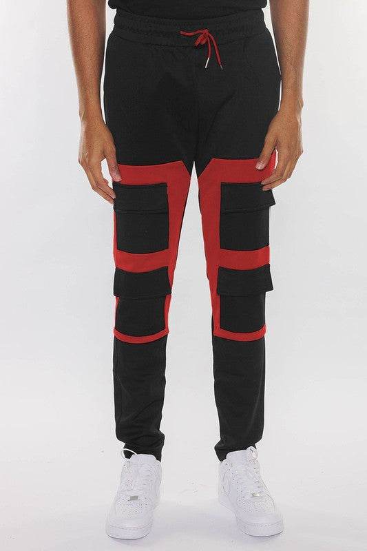 COLOR BLOCK CARGO TRACK PANT RED BLACK