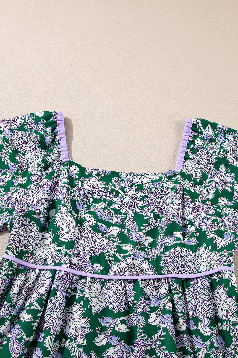 Boho Floral Piping Trim Bubble Sleeve Dress