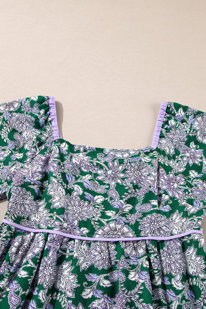 Boho Floral Piping Trim Bubble Sleeve Dress