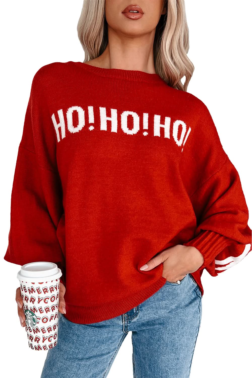 Fiery Red Merry Christmas Ho Ho Ho Drop Shoulder Loose Sweater Fiery Red 52%Viscose+26%Polyester+22%Polyamide