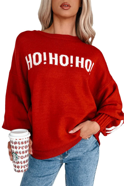 Fiery Red Merry Christmas Ho Ho Ho Drop Shoulder Loose Sweater Fiery Red 52%Viscose+26%Polyester+22%Polyamide
