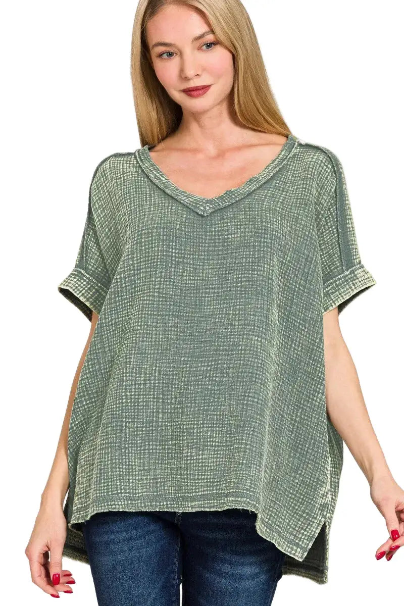 Zenana Acid Washed Double Gauze V-Neck Tee ASH JADE