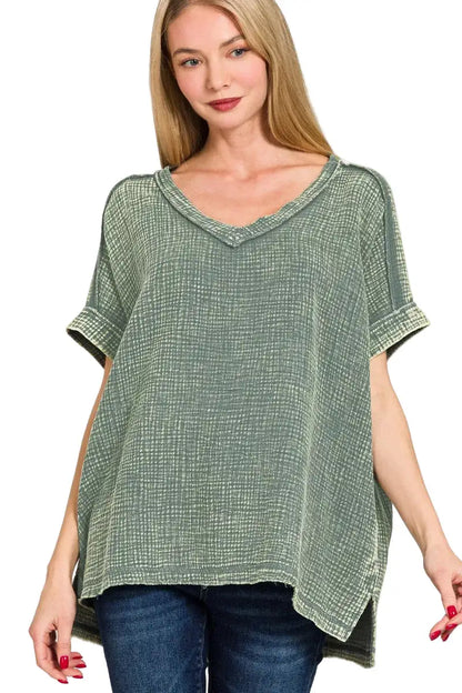 Zenana Acid Washed Double Gauze V-Neck Tee ASH JADE