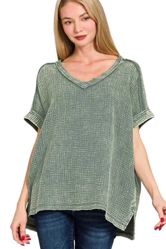 Zenana Acid Washed Double Gauze V-Neck Tee ASH JADE