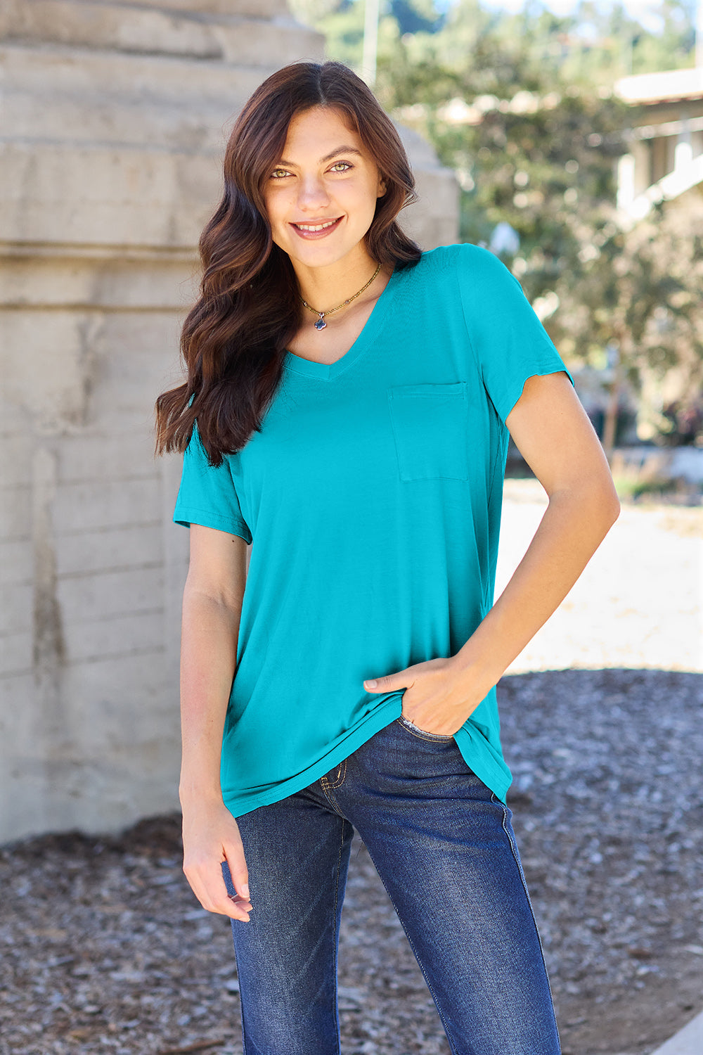 Basic Bae Full Size V-Neck Short Sleeve T-Shirt Sky Blue