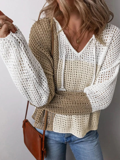 Openwork Tassel Color Block Sweater Beige