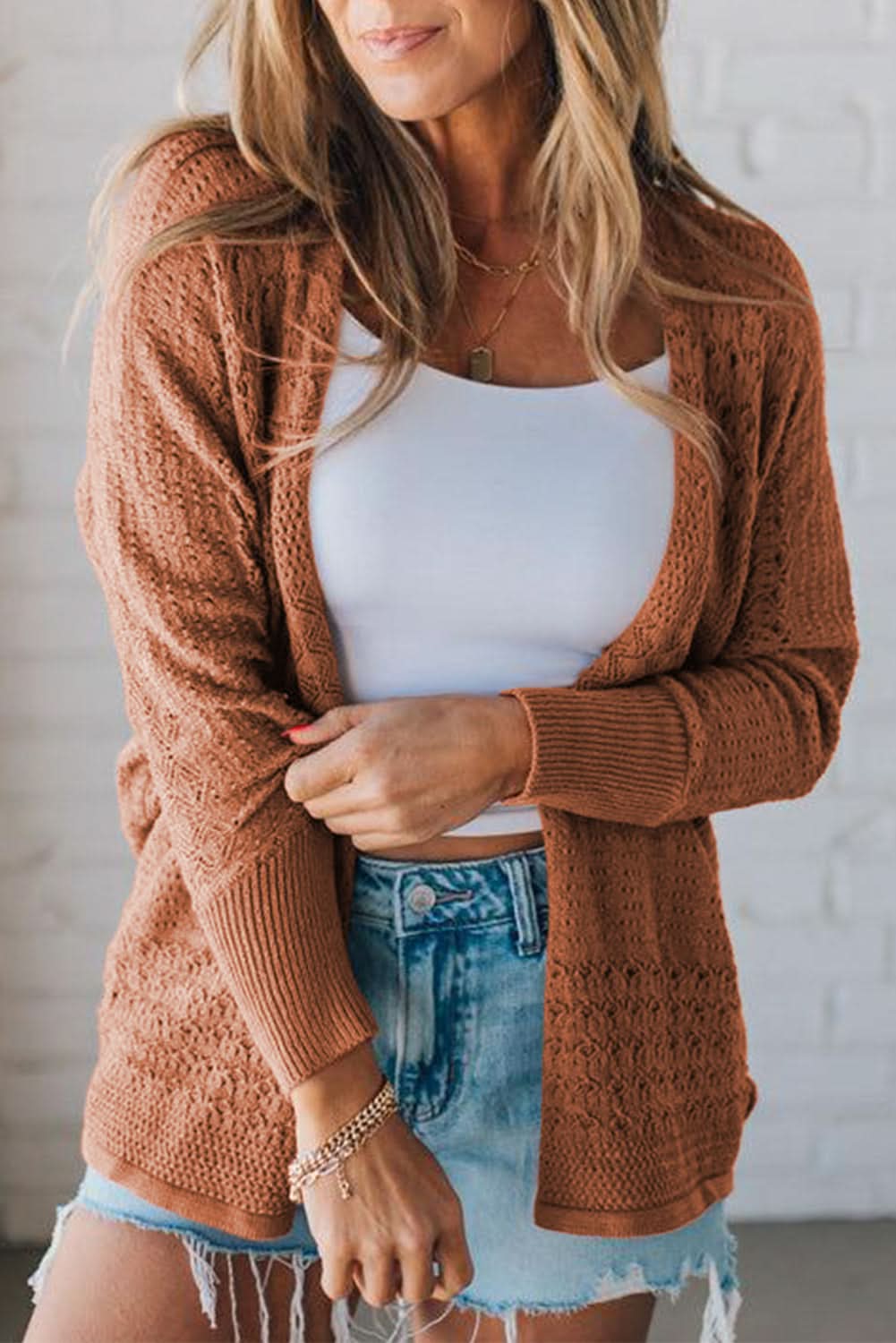 Jet Stream Mix Pattern Hollow Knit Open Front Cardigan Redwood Burl 55%Acrylic+45%Cotton