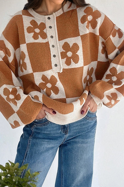 Thai Curry Flower Plaid Henley Baggy Sweater Thai Curry 52%Viscose+26%Polyester+22%Polyamide