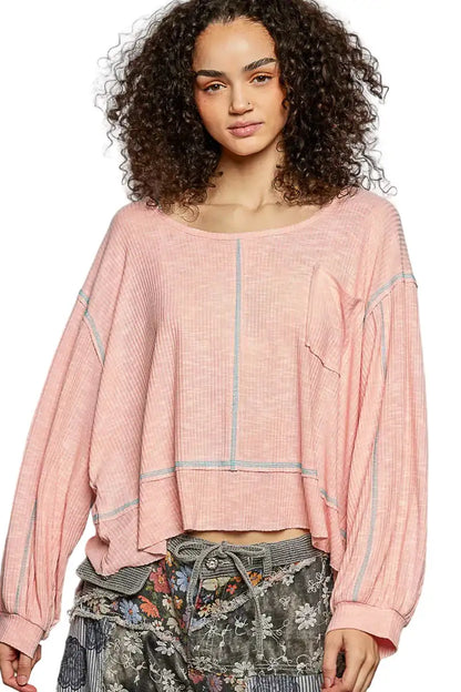 POL Round Neck Long Sleeve Exposed Seam Top with Chest Pocket BLUSH PINK