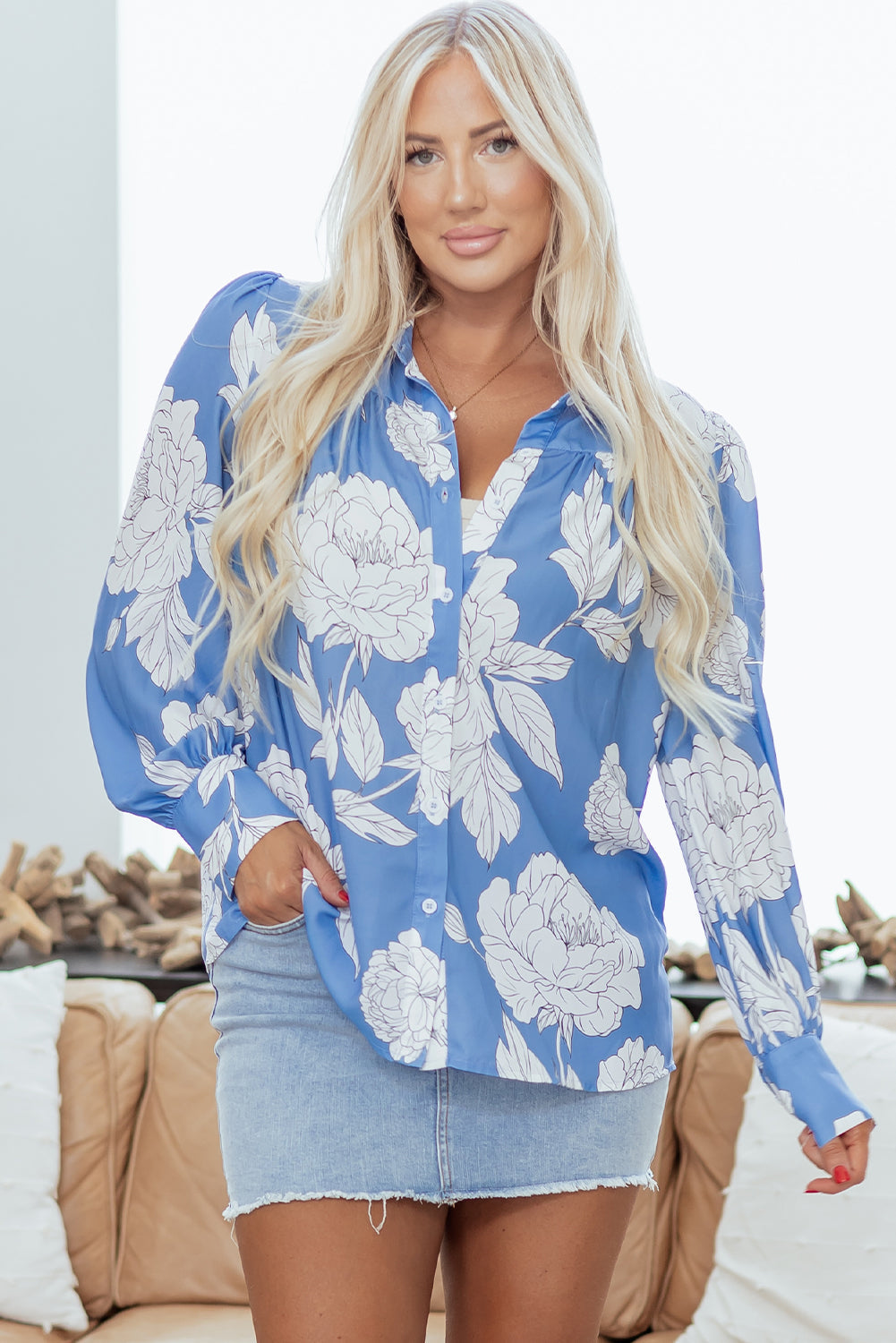 Carmen Detail Puff Sleeve Shirt Sky Blue