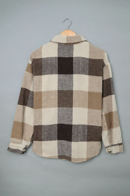 Khaki Plaid Color Block Shacket With Buttoned Pockets