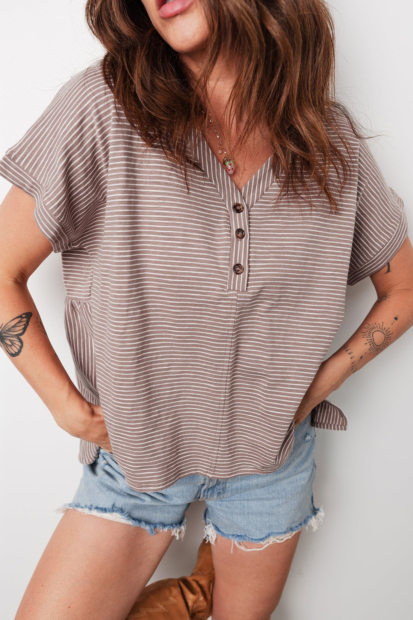 Stripe Buttoned V-Neck Short Sleeve T-Shirt Khaki Stripe