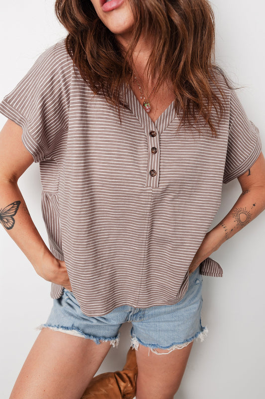Stripe Buttoned V-Neck Short Sleeve T-Shirt Khaki Stripe