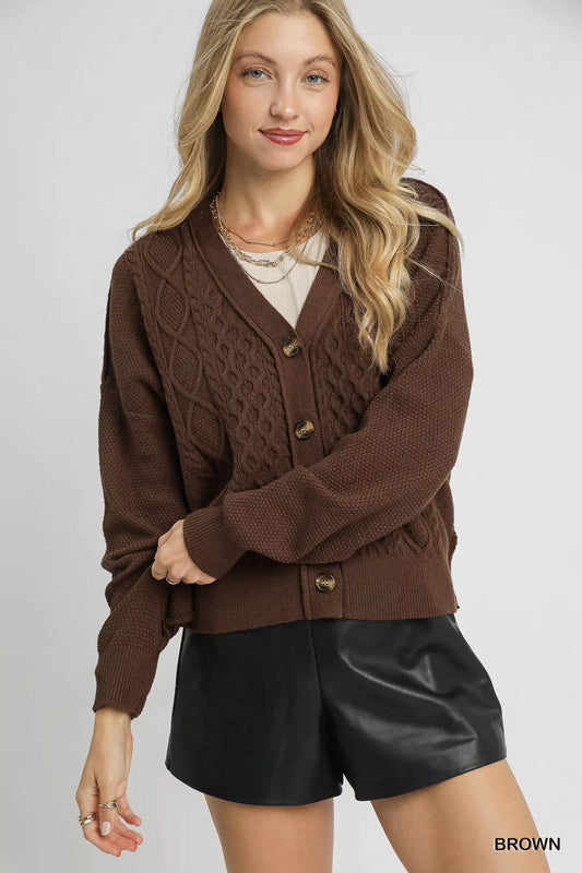 Umgee Chunky Cable Knit V-Neck Button-Up Cardigan Brown