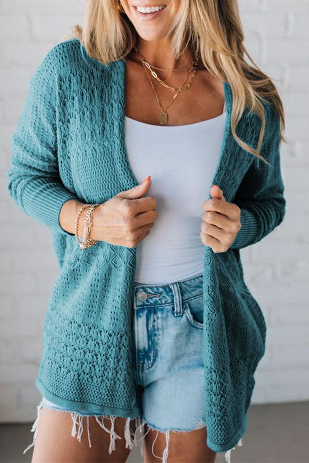 Jet Stream Mix Pattern Hollow Knit Open Front Cardigan Lapis 55%Acrylic+45%Cotton