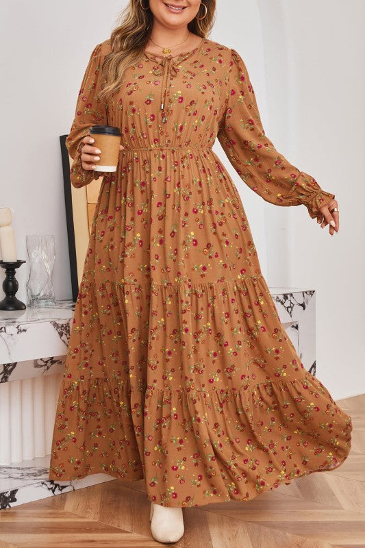 Plus Size Floral V-Neck Ruffle Sleeve Tiered Dress Brown