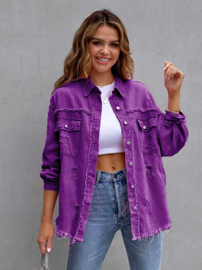 Distressed Drop Shoulder Fringe Denim Jacket Cotton Blend Purple