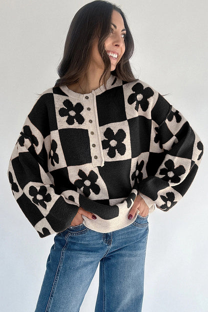 Thai Curry Flower Plaid Henley Baggy Sweater