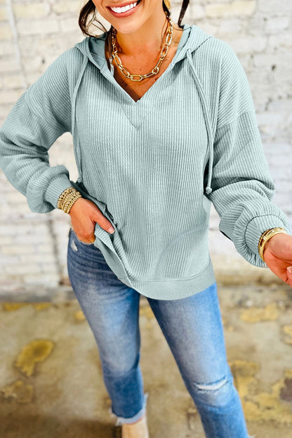Solid Ribbed Drop Shoulder Hoodie Clearly Aqua