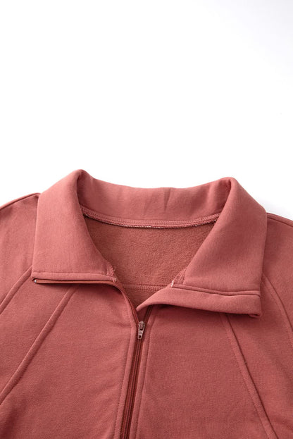Green Zip Stand Collar Ribbed Thumbhole Sleeve Sweatshirt