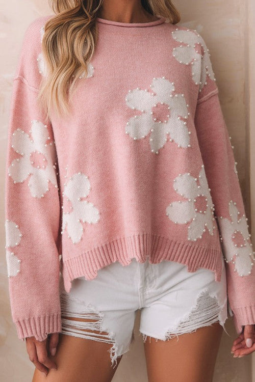 Jaycee Pearl Beaded Floral Drop Shoulder Sweater Pink