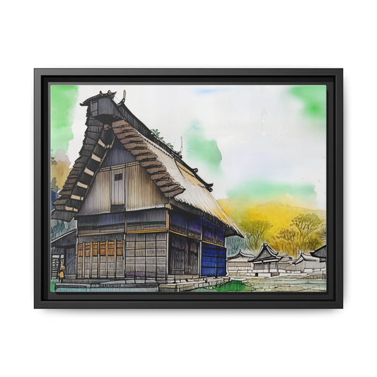 Framed Canvas Art Print, Japanese House Watercolor, Home Decor, Wall Art, Gift for Art Lovers, Japanese Culture Decor
