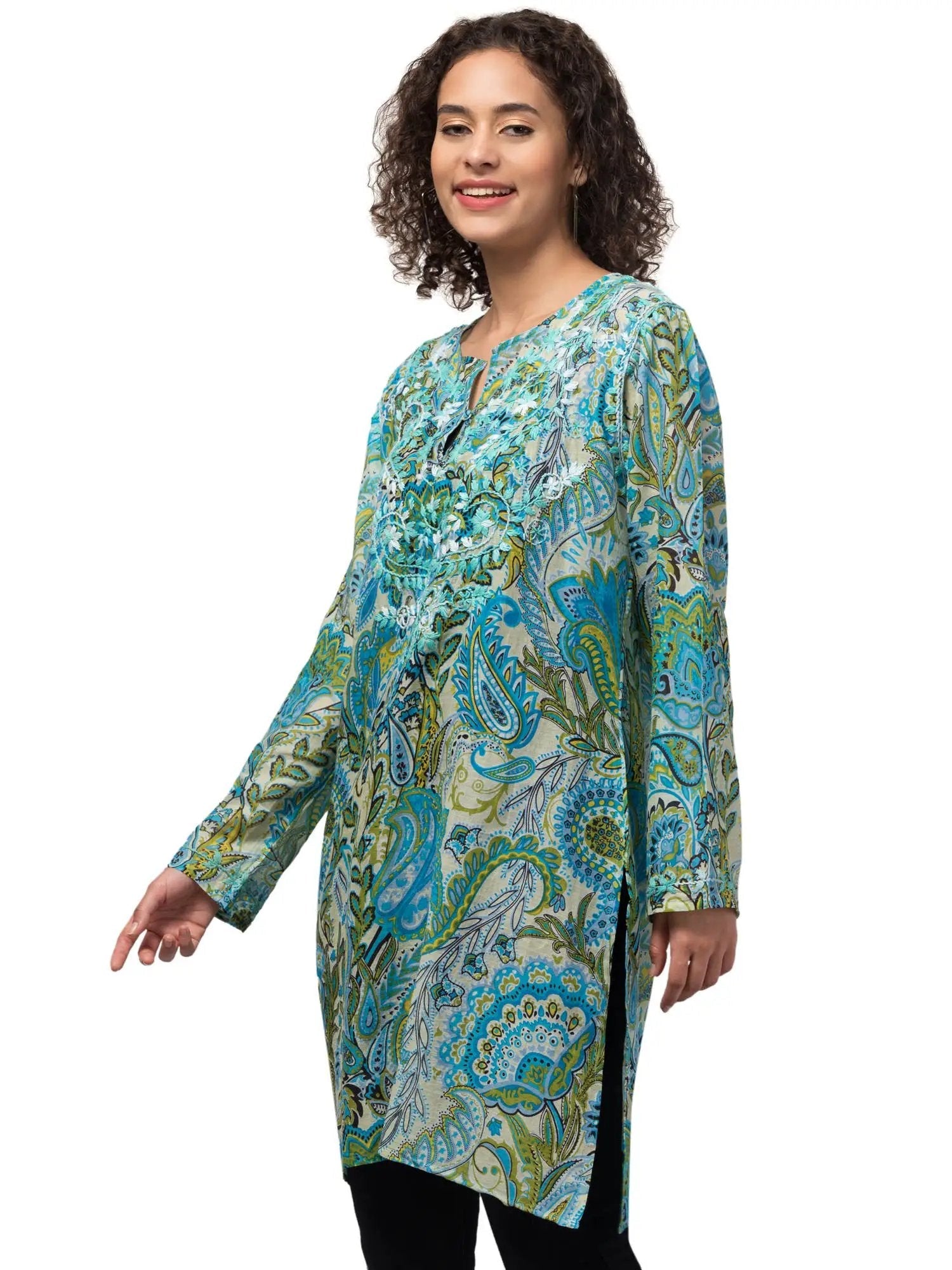 Mia Magic Blue Tunic Top - Hand Embroidered Chikankari On Eco Friendly Cotton With Digital Print