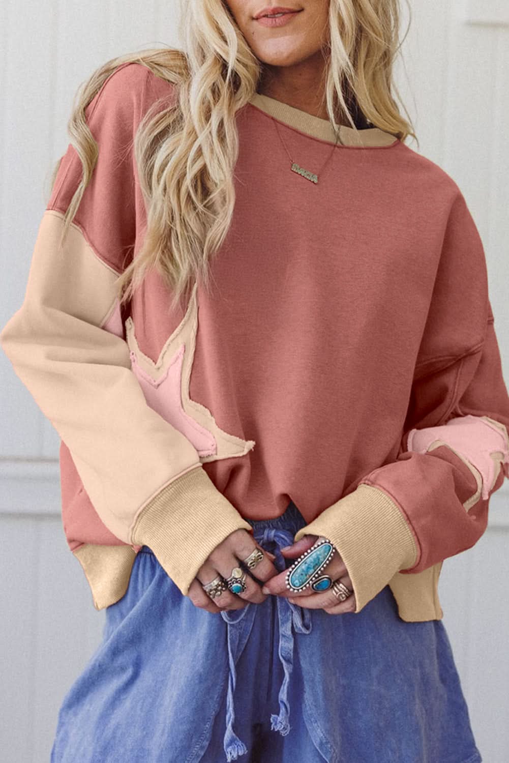 Rose Pink Star Patchwork Sweatshirt With Uneven Hem Design Rose Pink 65%Polyester+35%Cotton