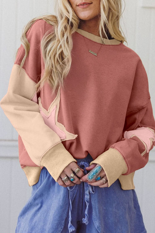 Rose Pink Star Patchwork Sweatshirt With Uneven Hem Design Rose Pink 65%Polyester+35%Cotton