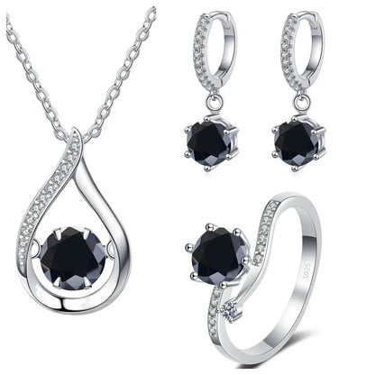 925 Silver Moissanite Jewelry Set Necklace Ring Stud Earrings Solitaire black
