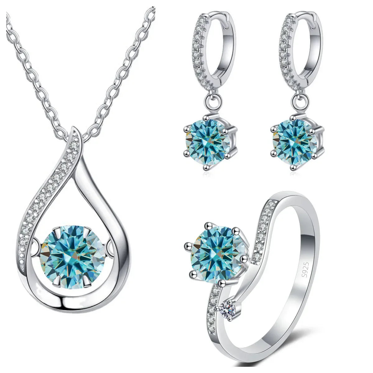 925 Silver Moissanite Jewelry Set Necklace Ring Stud Earrings Solitaire blue