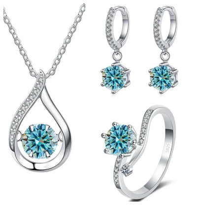 925 Silver Moissanite Jewelry Set Necklace Ring Stud Earrings Solitaire blue