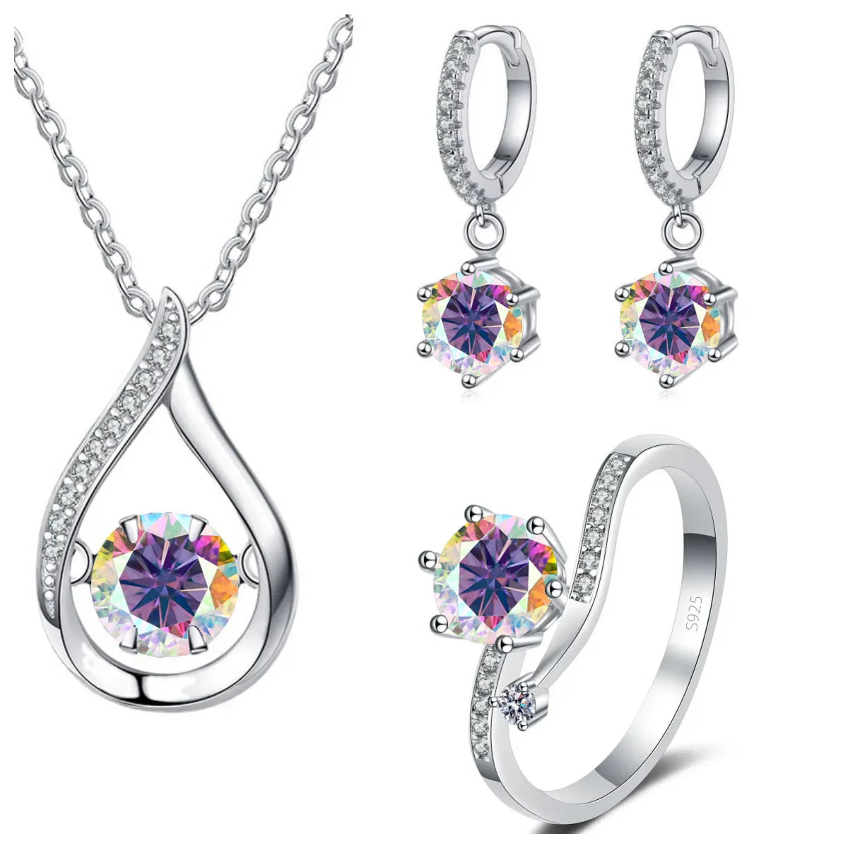925 Silver Moissanite Jewelry Set Necklace Ring Stud Earrings Solitaire multi color