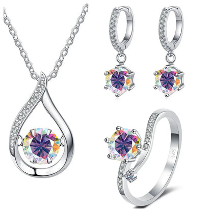 925 Silver Moissanite Jewelry Set Necklace Ring Stud Earrings Solitaire multi color