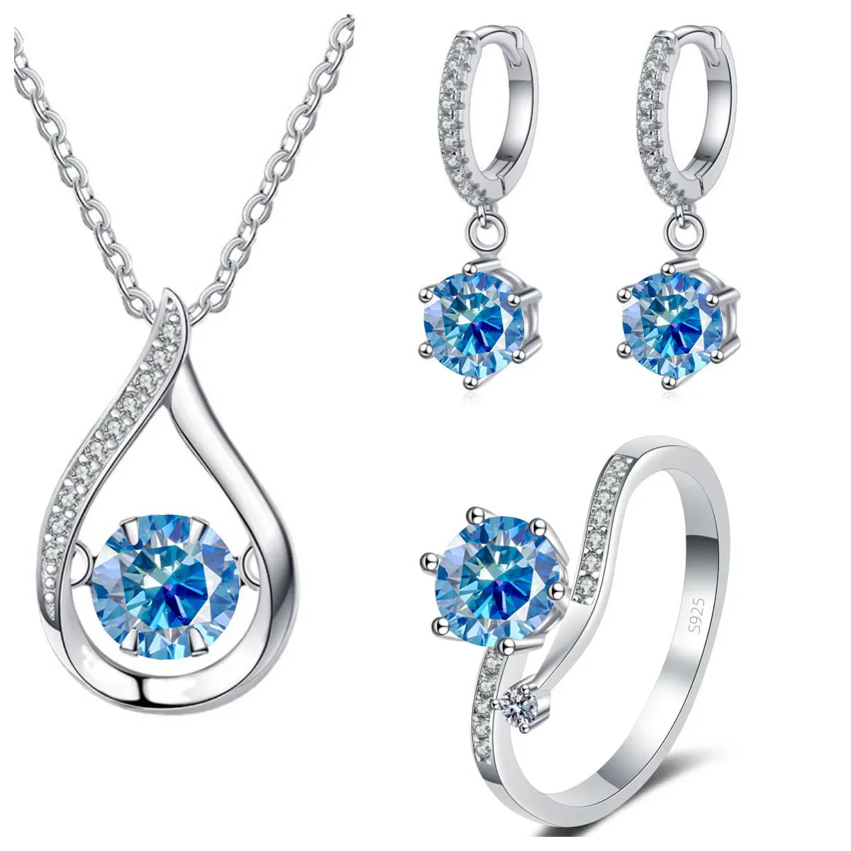 925 Silver Moissanite Jewelry Set Necklace Ring Stud Earrings Solitaire royal