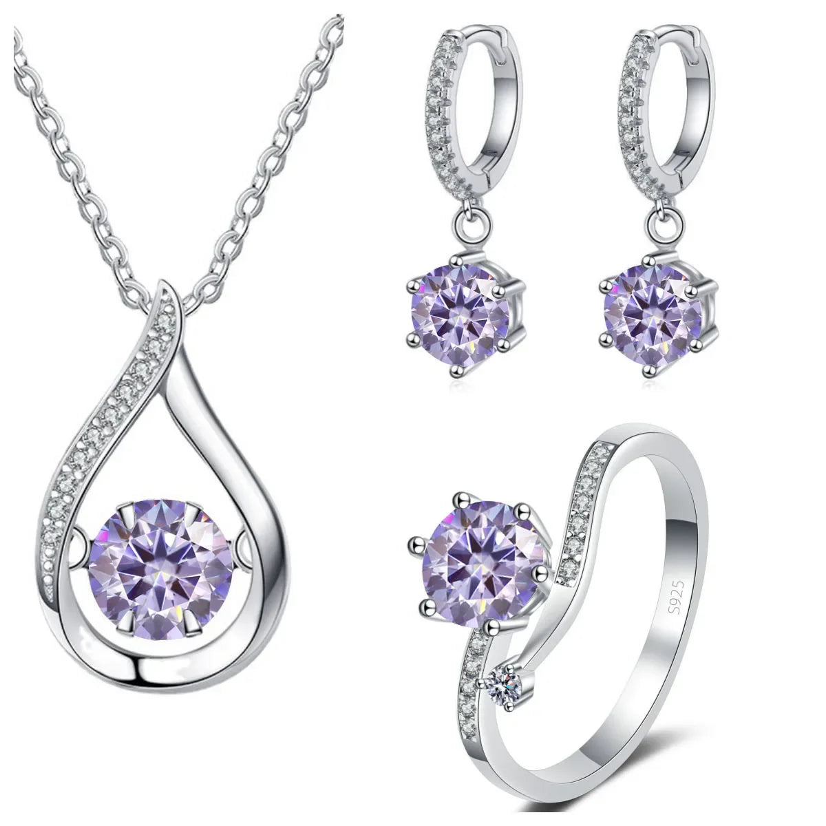 925 Silver Moissanite Jewelry Set Necklace Ring Stud Earrings Solitaire light purple