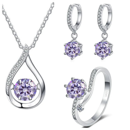 925 Silver Moissanite Jewelry Set Necklace Ring Stud Earrings Solitaire light purple