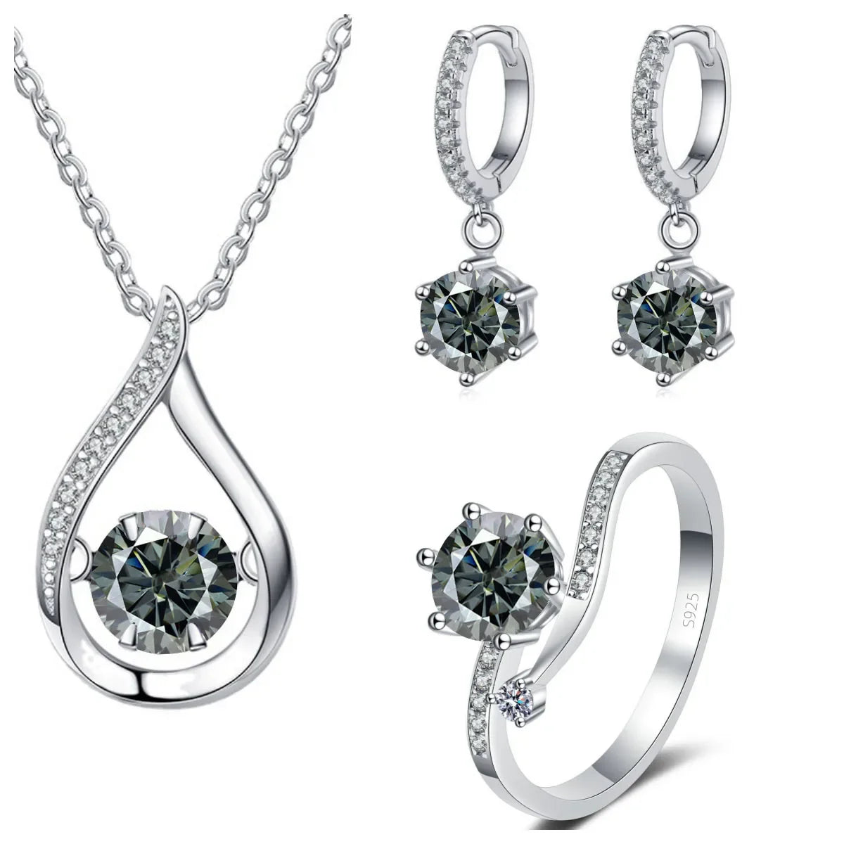 925 Silver Moissanite Jewelry Set Necklace Ring Stud Earrings Solitaire gray