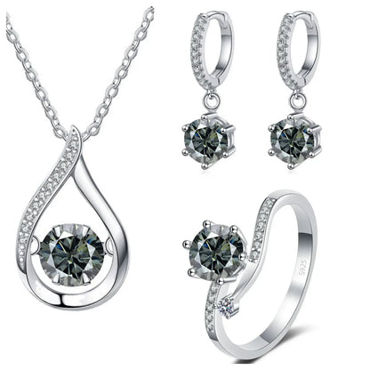925 Silver Moissanite Jewelry Set Necklace Ring Stud Earrings Solitaire gray