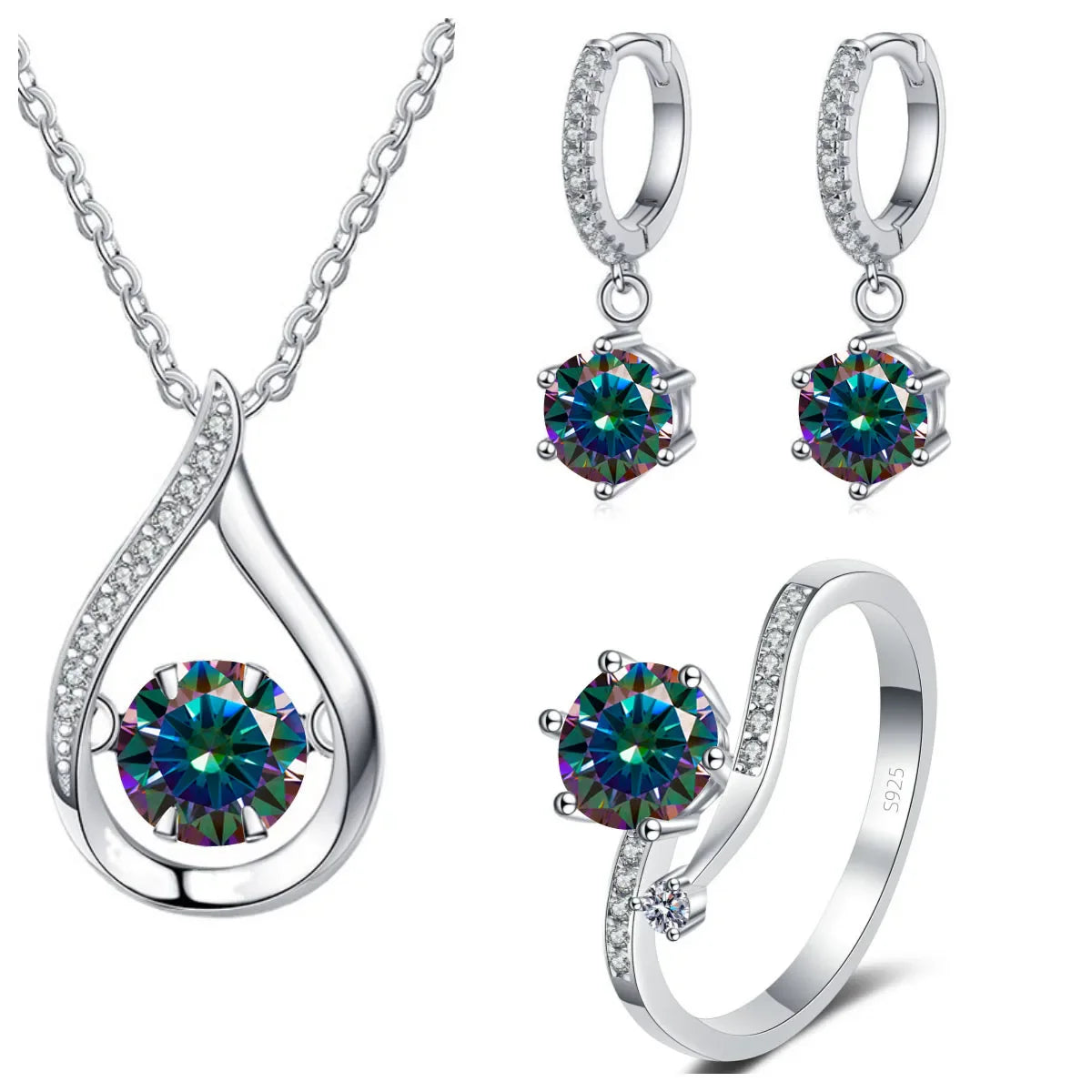 925 Silver Moissanite Jewelry Set Necklace Ring Stud Earrings Solitaire rainbow